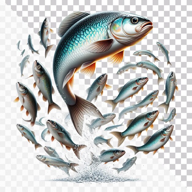 PSD realistic big wet fish jumping from water with water splash isolated on a transparent background