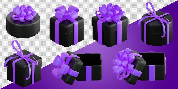 Realistic black gift box set with violet or purple ribbon bow Concept of abstract holiday birthday Christmas or Black Friday present or surprise 3d high quality isolated render