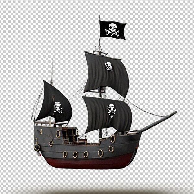 PSD realistic black pirate ship with pirate flag isolated on transparent background