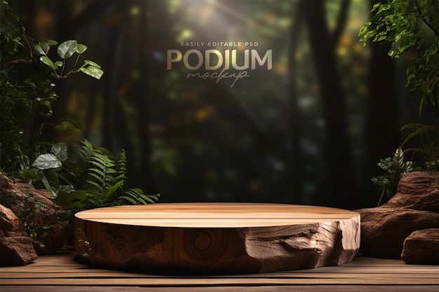 PSD realistic blank wooden podium for product presentation