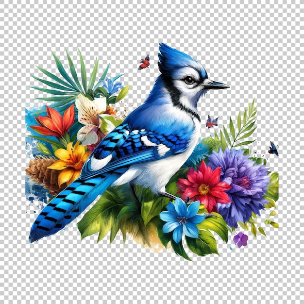 PSD realistic blue jay with colorful flowers isolated on transparent background