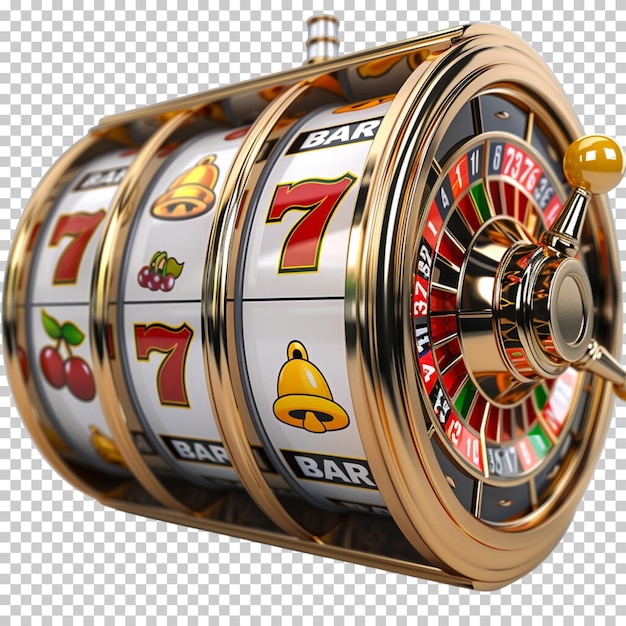 Realistic casino items Gold coins jackpot casino poker chips roulette on transparent background