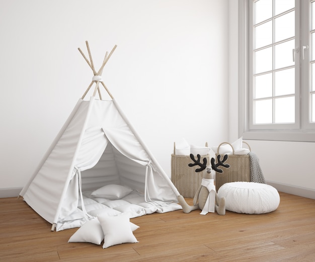 realistic childish tent with toys in a bedroom