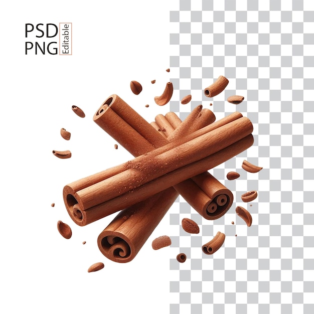 Realistic Cinnamon PNG PSD File Flying View on White Background