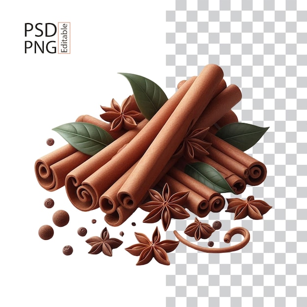 Realistic Cinnamon PNG PSD File Flying View on White Background