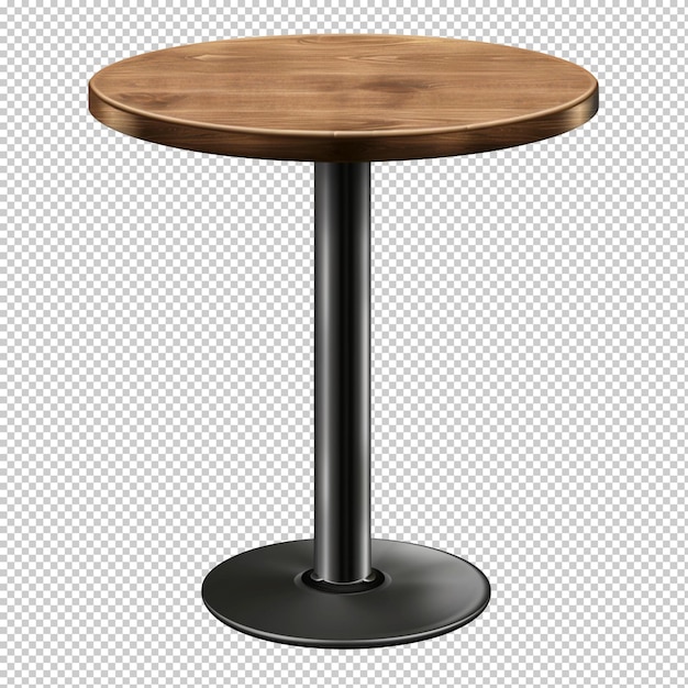 A realistic circular bar table with black metal legs and a brown wood top transparent background