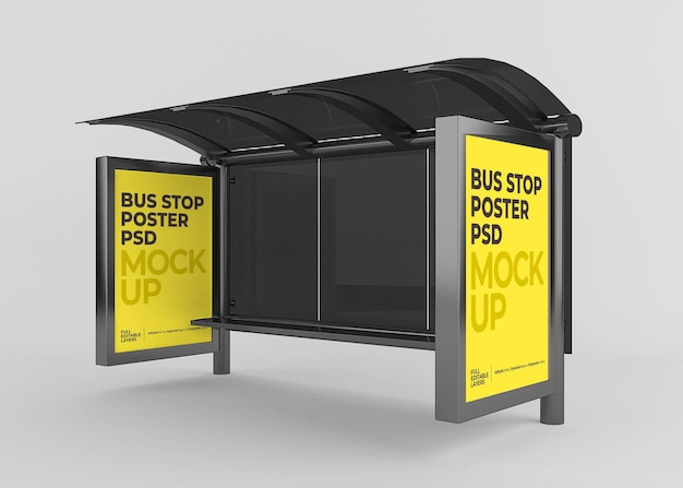 Realistic city bus stop billboard mockup