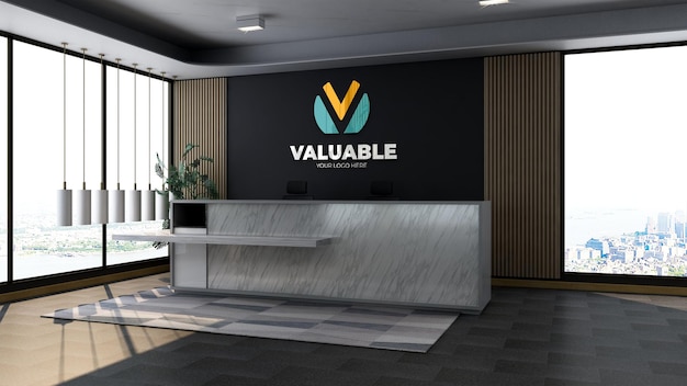 realistic company logo mockup in the office reception or front desk room