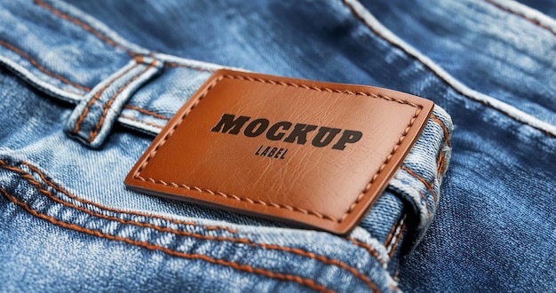 PSD realistic debossed leather logo on denim jeans mockup