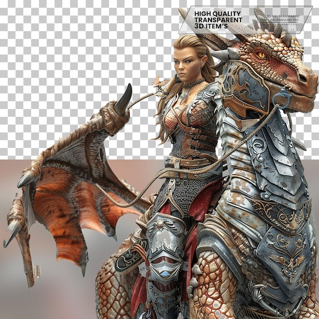 PSD realistic dragon rider with a heroic stance on transparent background