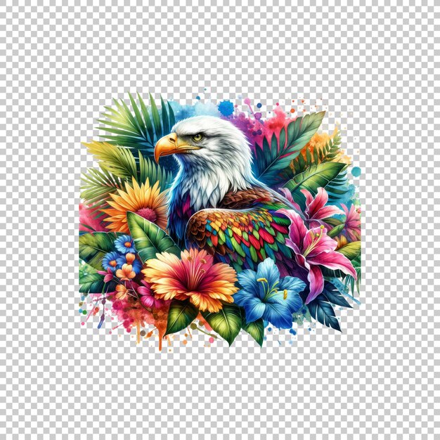 PSD realistic eagle with colorful flowers isolated on transparent background