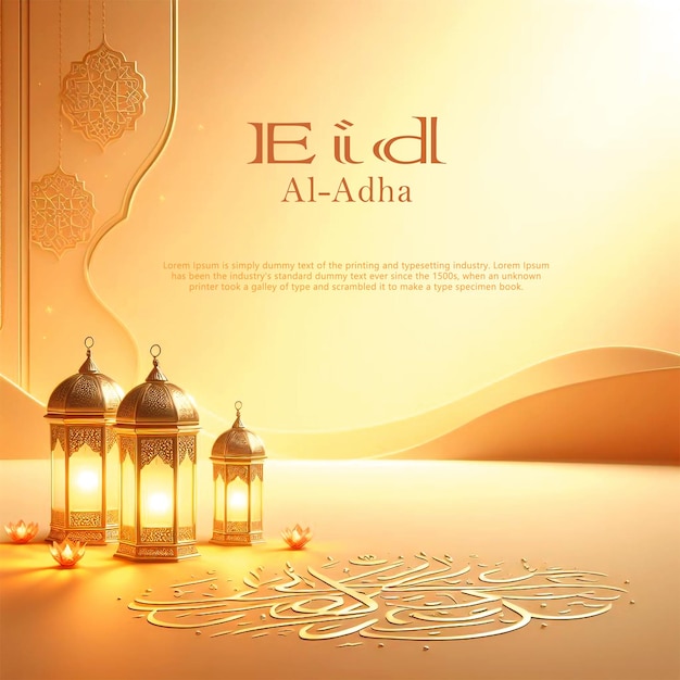 Realistic Eid Al Adha Background with Golden Lanterns