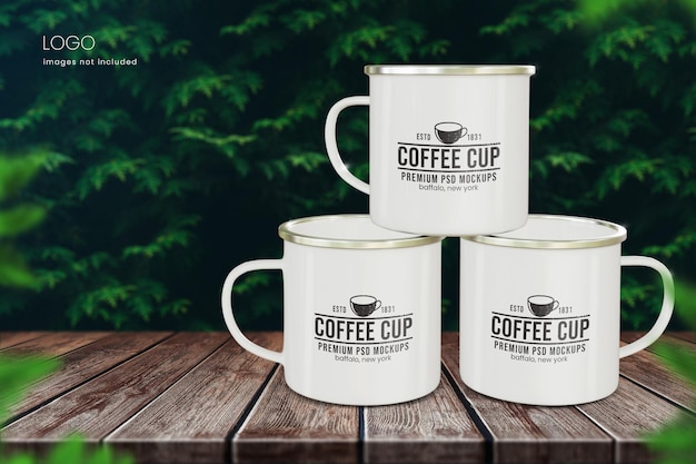 Realistic Enamel Coffee mug mockup of a stack of three cups on outdoor background