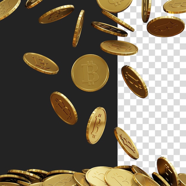 Realistic falling bitcoin coins on transparent background 3d illustration