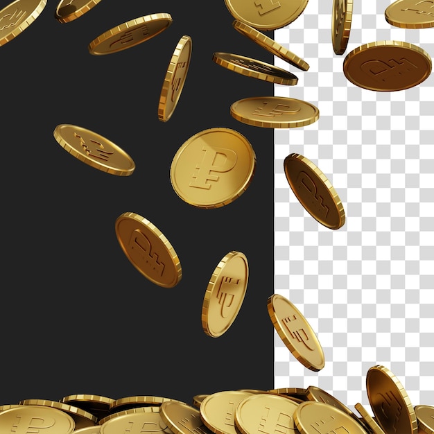 Realistic falling russian ruble coins on transparent background 3d illustration