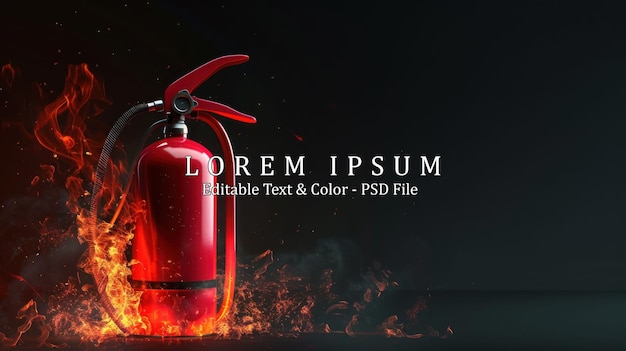 Realistic fire extinguisher with flame on dark background