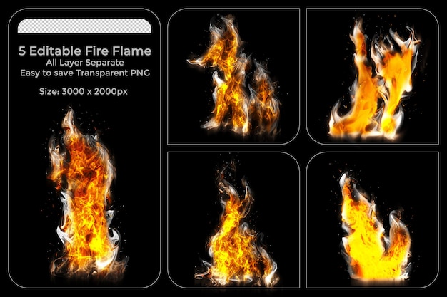 Realistic fire flames set on a black background