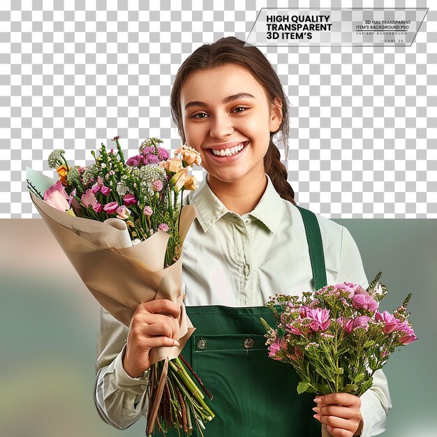 PSD realistic florist with a cheerful smile on transparent background