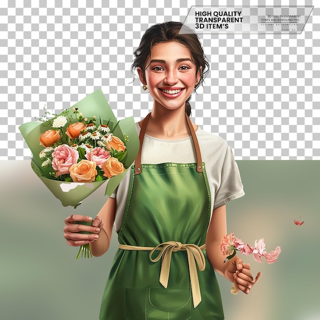 PSD realistic florist with a cheerful smile on transparent background