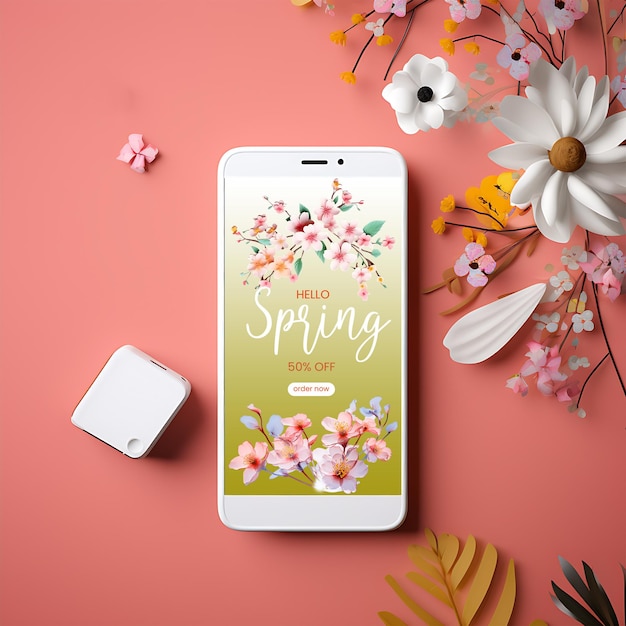 Realistic flower background on mobile screen mockup for spring sale in flat background