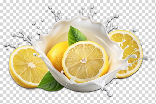 Realistic fresh ripe lemon with slices falling inside swirl fluid gestures of milk or yoghurt juice