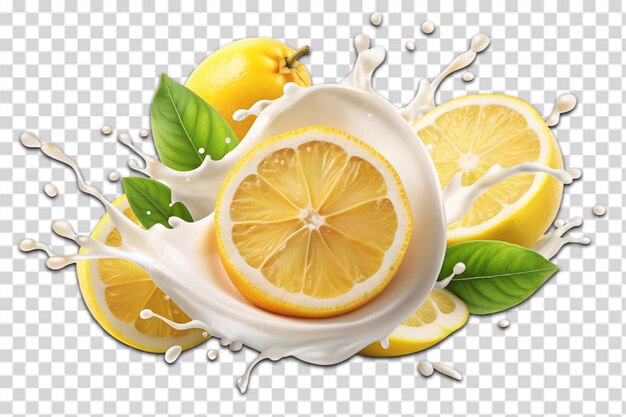 Realistic fresh ripe lemon with slices falling inside swirl fluid gestures of milk or yoghurt juice