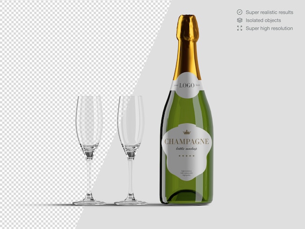 Realistic front view champagne bottle mockup template with glasses