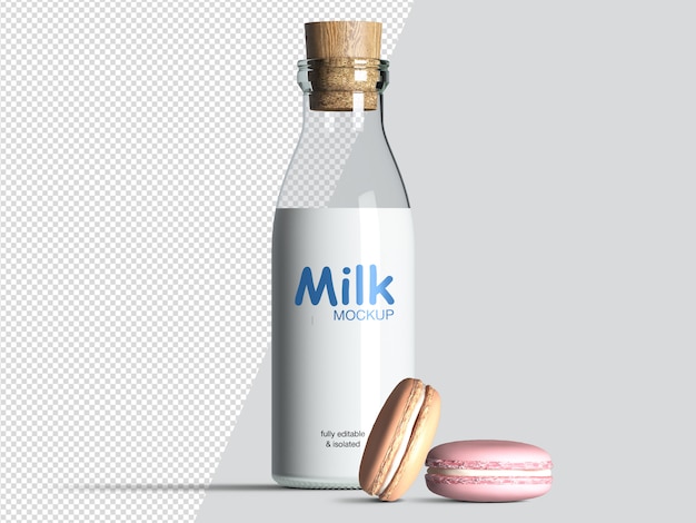 Realistic front view milk bottle mockup with macaroon cookies