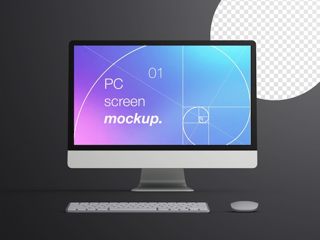 Realistic front view mockup isolated of desktop computer device screen with keyboard and mouse