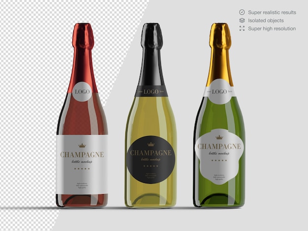 Realistic front view variety of champagne bottles mockup template