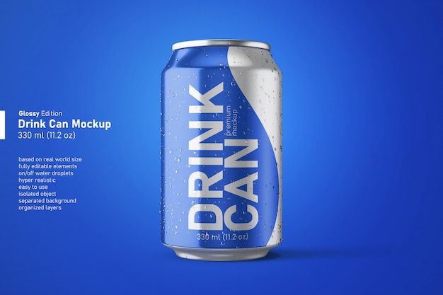 Realistic glossy soda drink can editable mockup in front view