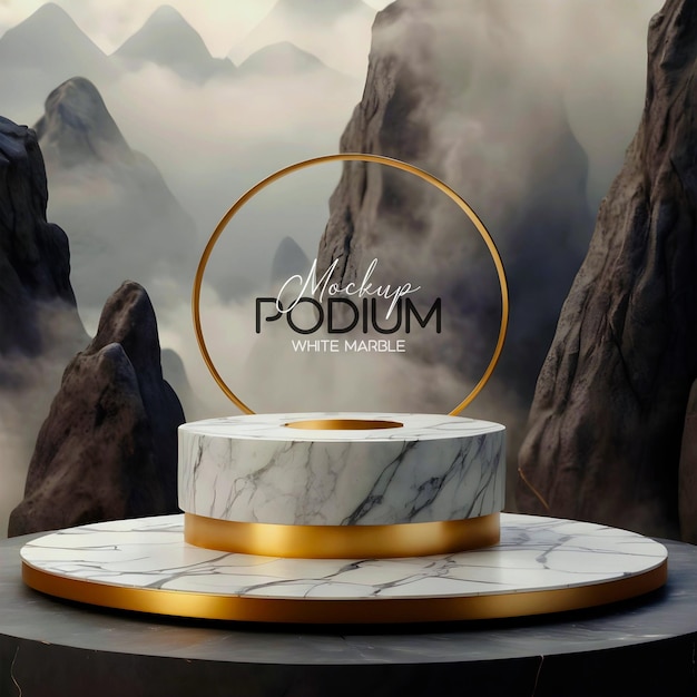 Realistic gold and white marble stone blank podium mockup on hill view nature cloud environment