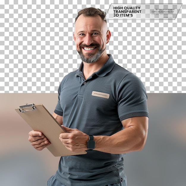 Realistic Gym Manager with a Welcoming Approach on transparent background