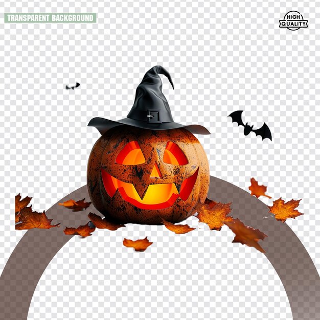 PSD realistic halloween pumpkin with black witch hat shining light from face