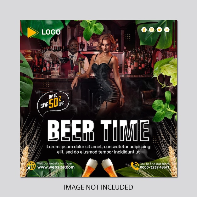 Realistic hand drawn beer time with vertical social media banner post design template