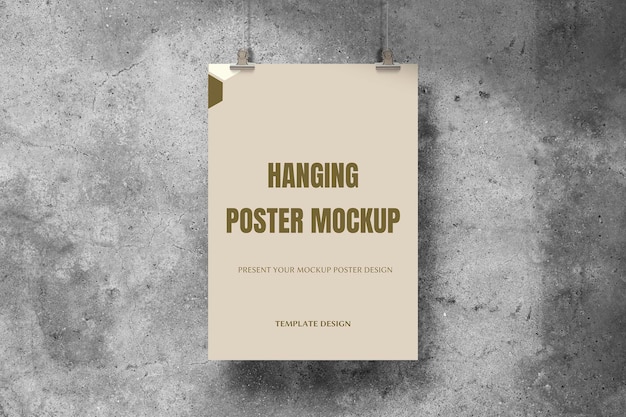 Realistic Hanging Poster Mockup on Grey Wall Texture