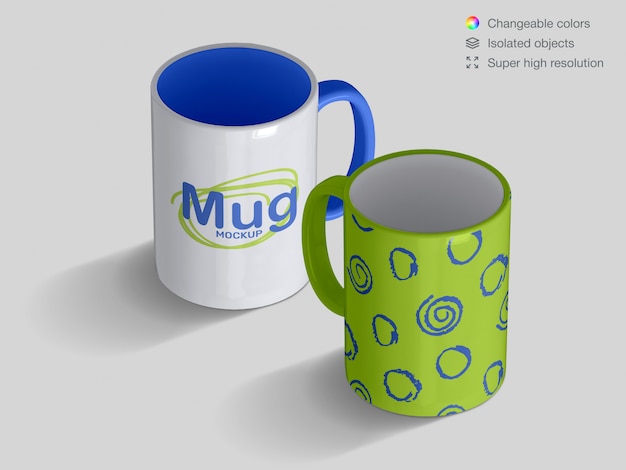 Realistic high angle classic ceramic mugs mockup template