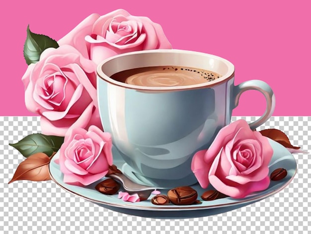 PSD realistic illustration beauty cozy cup of coffee with pink flowers in plate