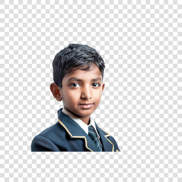 PSD realistic indian elementary school boy photography with uniform back to schon transparent background