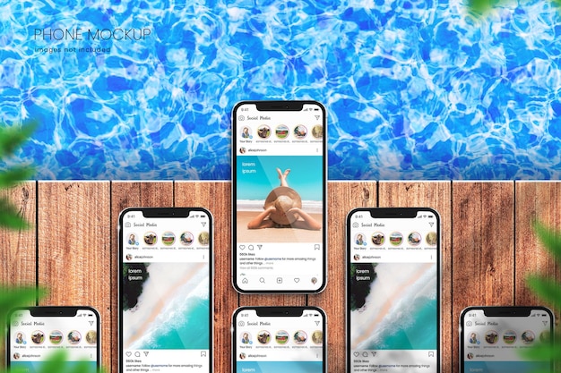 realistic Instagram post mockup on collection of smarphones