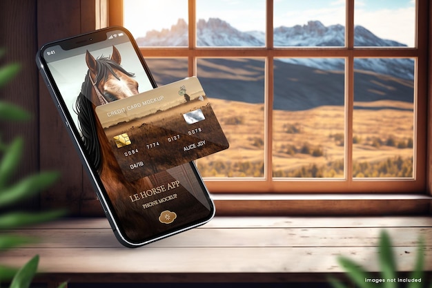 Realistic iPhone 13 and credit card mockup on bright Country farm background