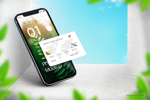 Realistic iPhone 13  and credit card mockup on bright minimalistic background