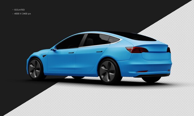 Realistic Isolated Matte Blue Elegant Modern Electric Sedan Car From Left Rear View