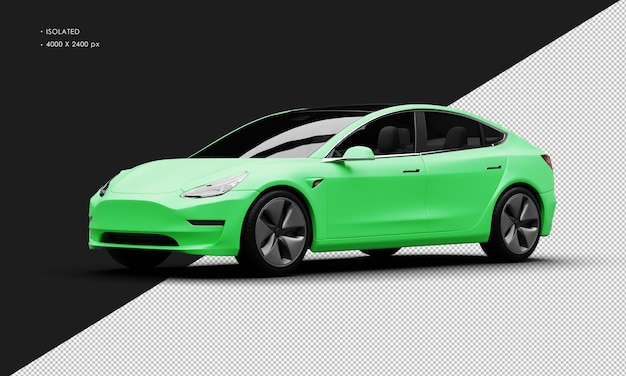 Realistic Isolated Matte Green Elegant Modern Electric Sedan Car From Left Front View