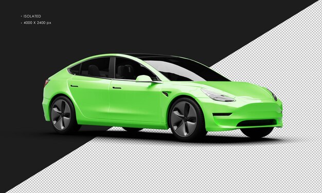 PSD realistic isolated metallic green elegant modern electric sedan car from right front view