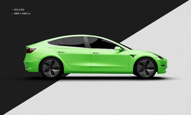 Realistic Isolated Metallic Green Elegant Modern Electric Sedan Car From Right Side View