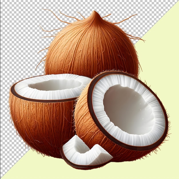 realistic isolated vector set of whole coconut coconut halves and palm on transparent background