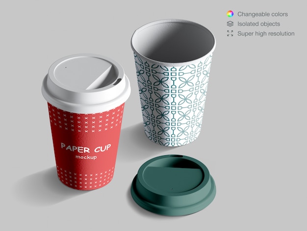 Realistic isometric coffee cups mockup with lid