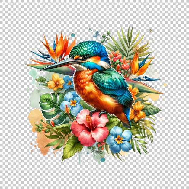 Realistic kingfisher with colorful flowers isolated on transparent background