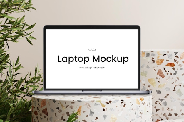 PSD realistic laptop device mockup on podium editable psd template background